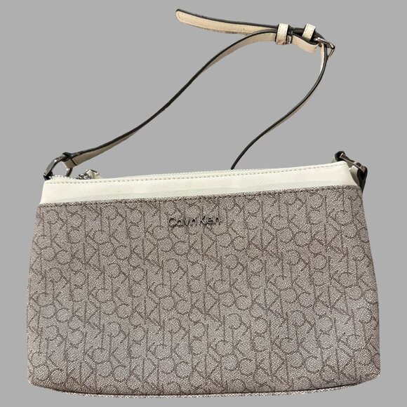 Calvin Klein Womens Beige Monogram Shoulder Bag With Adjustable Strap & Zip Clos - Picture 2 of 6